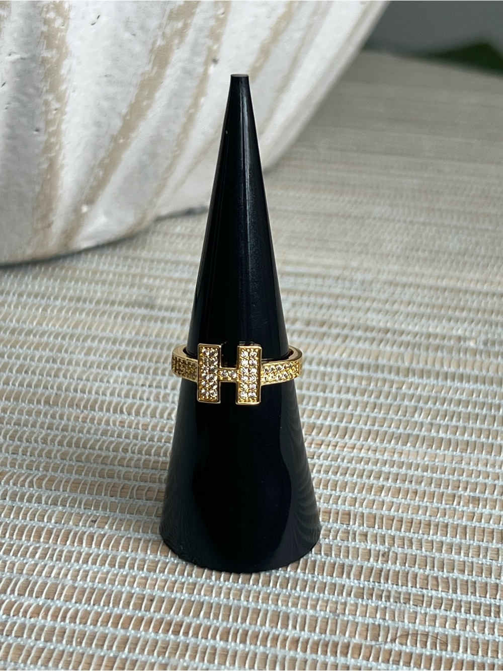 Adjustable Gold Pavé 'H' Statement Ring